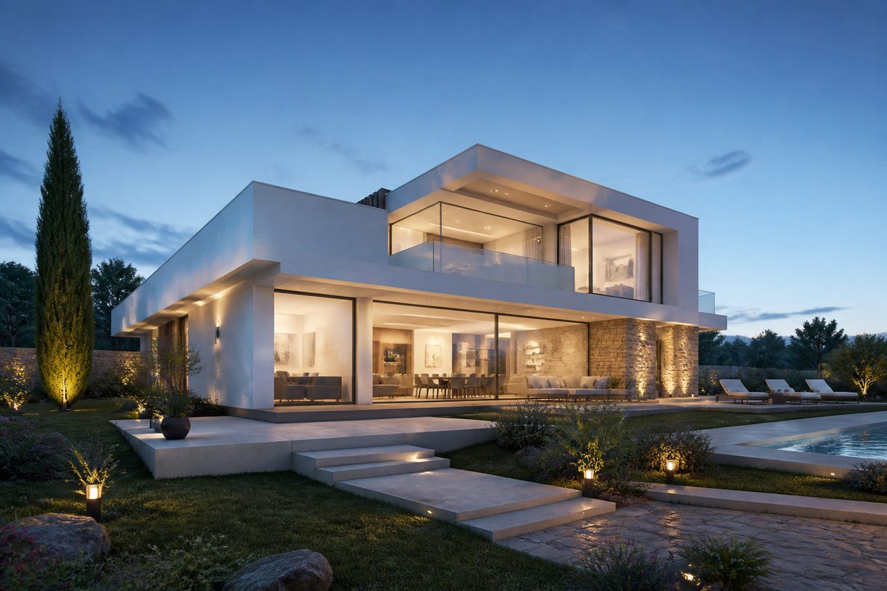 Villa front facade at dusk — input still